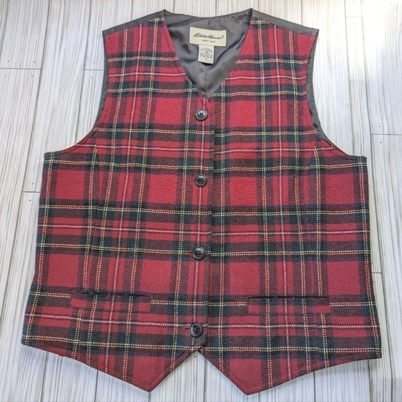 Vintage Eddie Bauer Tartan Tie Back Wool Vest in Red and Green Plaid Size Small - Picture 5 of 10